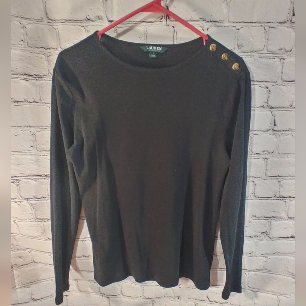 Lauren Ralph Lauren Scoop Black Long Sleeve Gold Buttons Top L